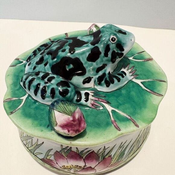 VTG Frog Lily Pad Trinket Box Ceramic Lotus Flower - Picture 5 of 10